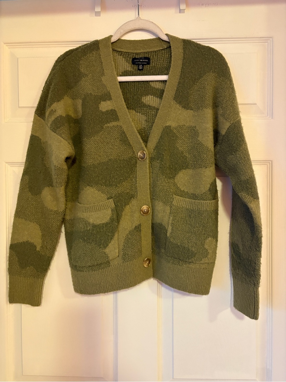 Lucky Brand Camouflage V-Neck Button Cardigan Sweater - Olive Green